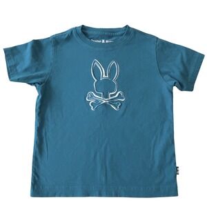 Psycho Bunny Kids T Shirt Cotton Blue Bunny Skull Logo Size 6 6X